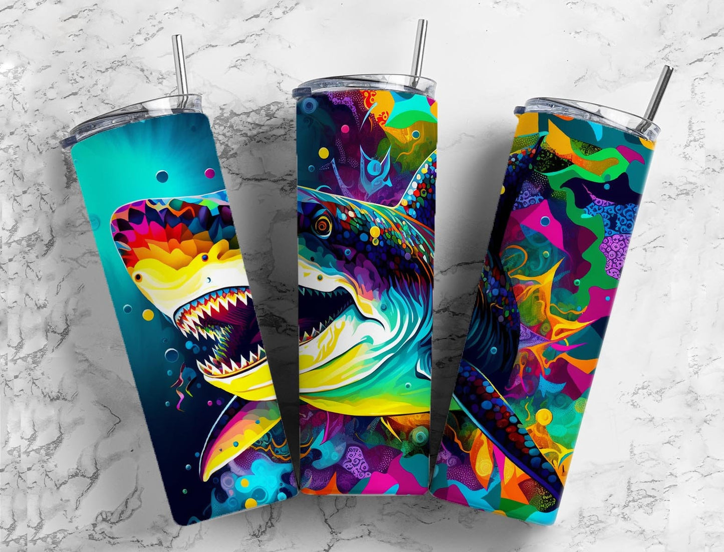 Rainbow shark 20oz Sublimation Tumbler Designs, Neon colorful 9.2 x 8.3” Straight Skinny Tumbler Wrap PNG