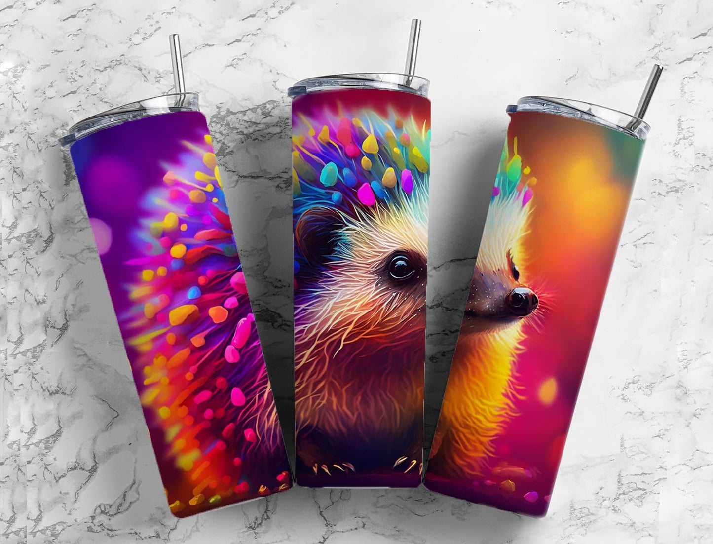 Rainbow hedgehog 20oz Sublimation Tumbler Designs, colorful neon 9.2 x 8.3” Straight Skinny Tumbler Wrap PNG