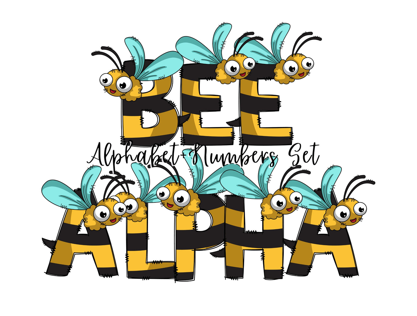 Bee Doodle Letters, Bee Alphabet, Bee Alphabet PNG, Entire Doodle Alphabet Uppercase Lowercase Numbers PNG, Lion Tiger png