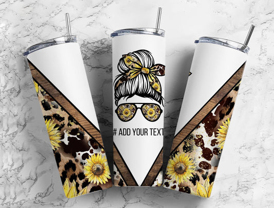 Sunflower Leopard Print 20oz Sublimation Tumbler Designs, Messy Bun V Split 9.2 x 8.3” Straight Skinny Tumbler Wrap, Mom Life PNG 24