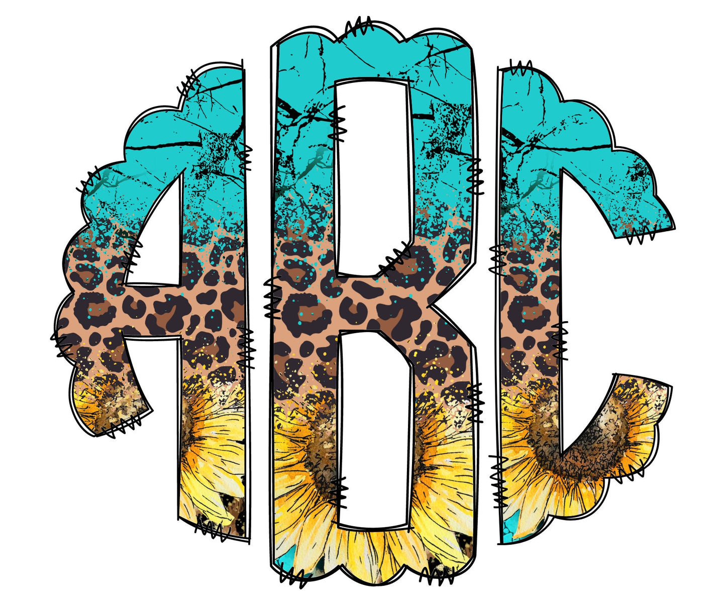 Turquoise Sunflower Leopard Monogram Letters, Teal Sublimation PNG Elements Hand Drawn Doodle Alpha Bundle, Cheetah Sublimation Font PNG