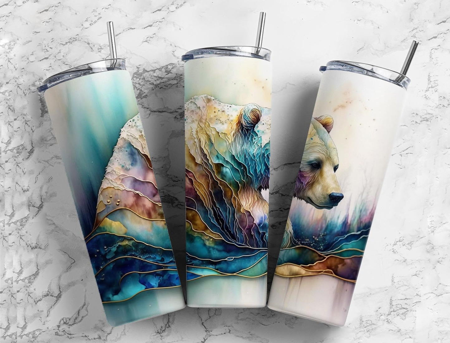 Bear Cub 20oz Sublimation Tumbler Designs, Alcohol Ink Watercolor 9.2 x 8.3” Straight Skinny Tumbler, Tumbler Wrap PNG