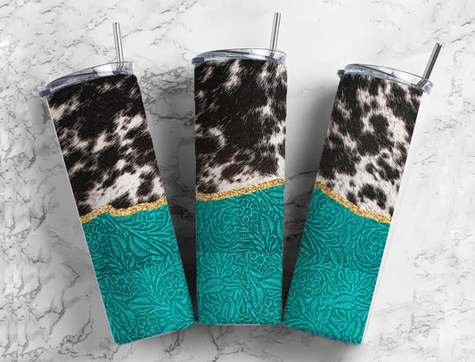 Turquoise Leather Cow 20oz Sublimation Tumbler Designs, Teal Cow Print 9.2 x 8.3” Straight Skinny Tumbler Wrap, Leather Western PNG