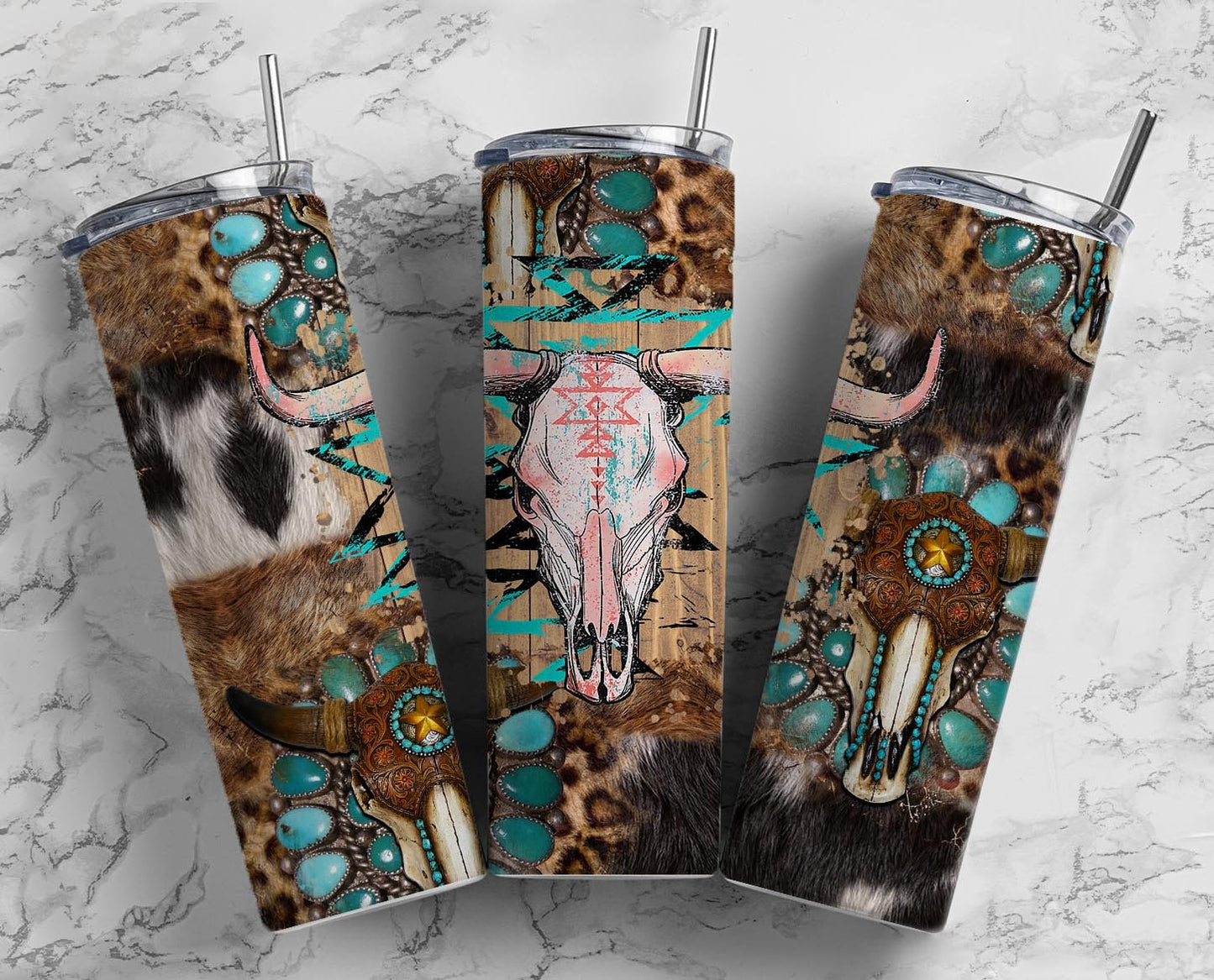 Bull Skull 20oz Sublimation Tumbler Designs, Cow 9.2 x 8.3” Straight Skinny Tumbler, Turquoise Wrap PNG