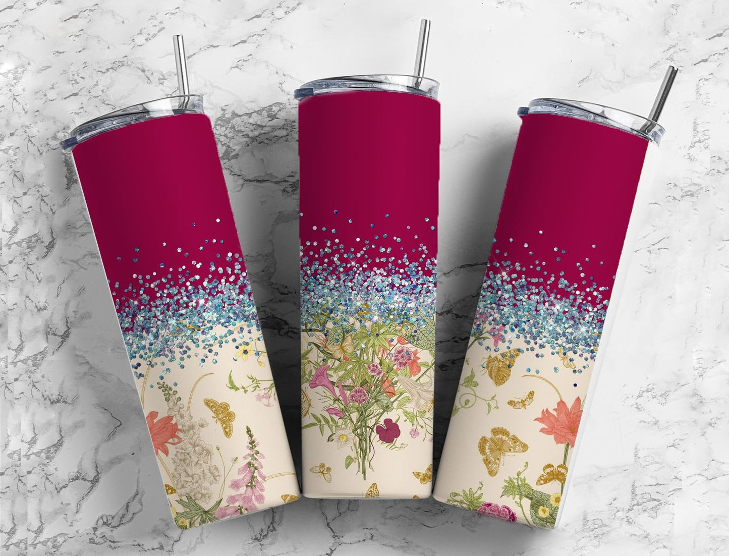 Vintage Florets 20oz Sublimation Tumbler Designs, Iridescent Glitter Red 9.2 x 8.3” Straight Skinny Tumbler, PNG