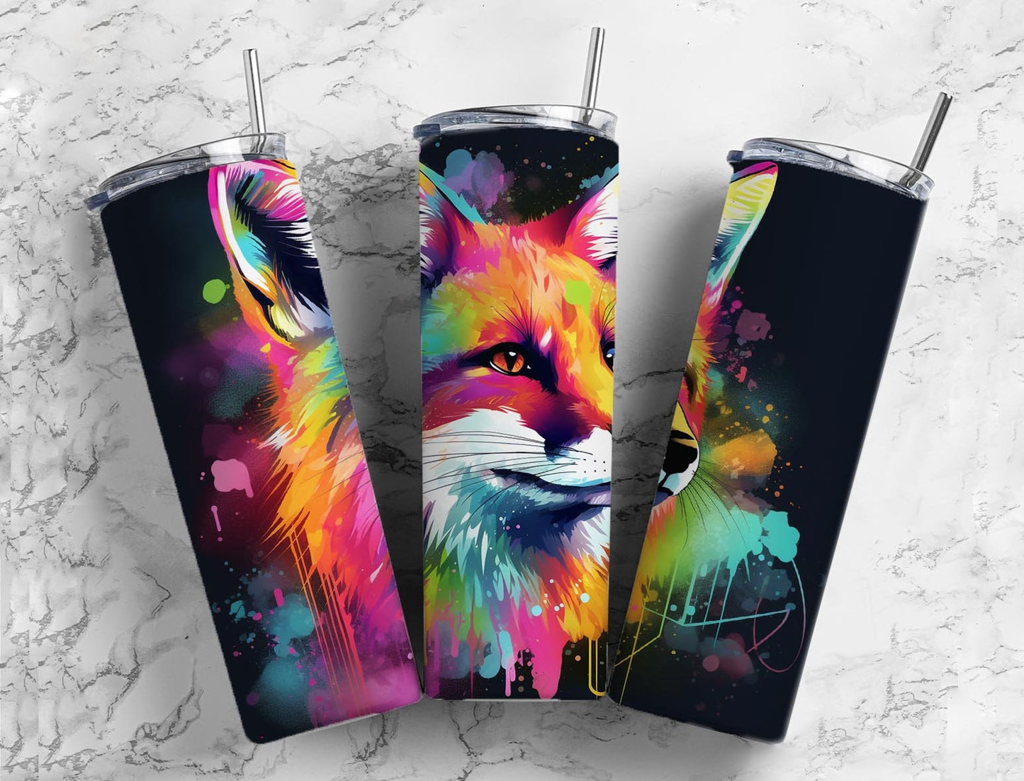 red fox 20oz Sublimation Tumbler Designs, rainbow paint splatter 9.2 x 8.3” Straight Skinny Tumbler Wrap PNG