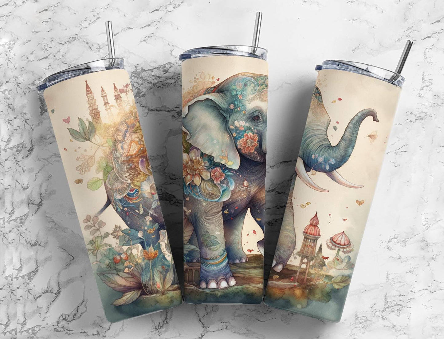 Elephant 20oz Sublimation Tumbler Designs, Neutral floral 9.2 x 8.3” Straight Skinny Tumbler Wrap PNG