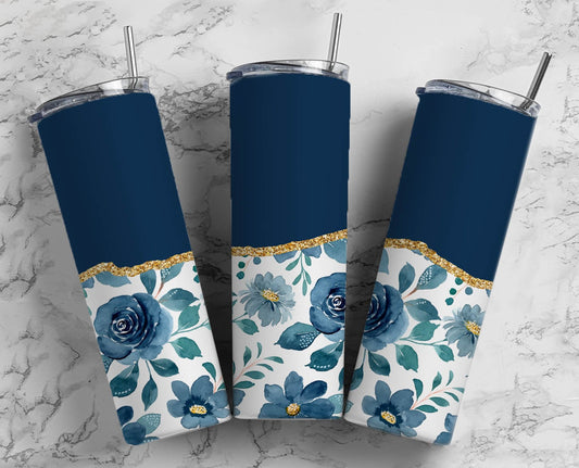 Navy Blue Flower 20oz Sublimation Tumbler Designs, AestheticFloral 9.2 x 8.3” Straight Skinny Tumbler Wrap PNG, Gold Agate 131