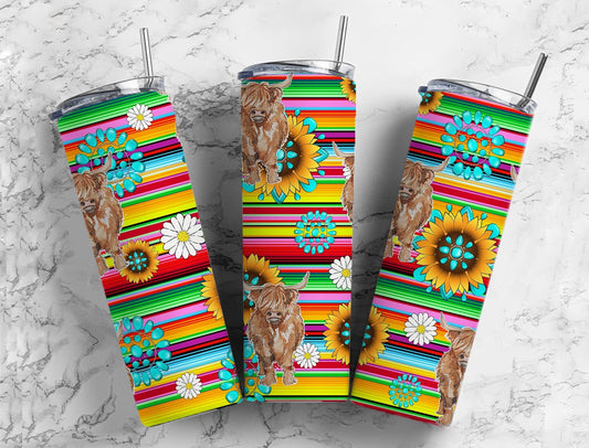 Serape Sunflower 20oz Sublimation Tumbler Designs, Highland Bull Turquoise Gem 9.2 x 8.3” Straight Skinny Tumbler Wrap PNG