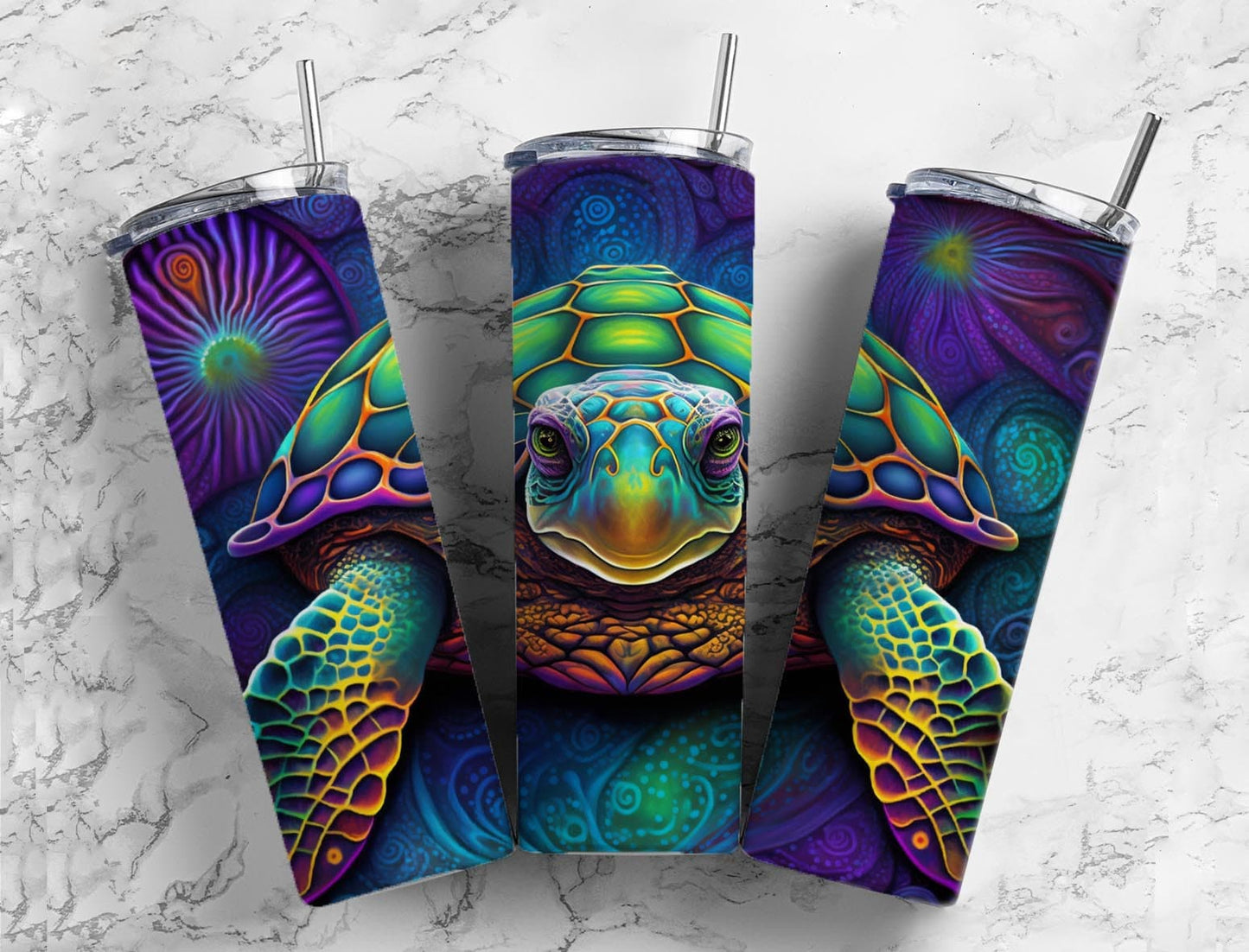 Rainbow sea turtle 20oz Sublimation Tumbler Designs, Neon ocean 9.2 x 8.3” Straight Skinny Tumbler Wrap PNG