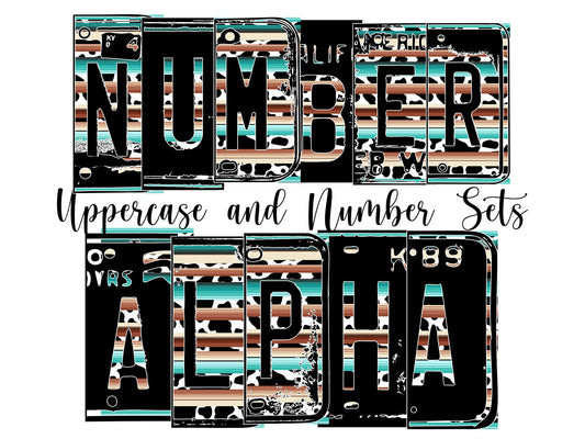 Leopard Serape Number Plate Alphabet Uppercase Numbers PNG,Tan and Teal Alphabet PNG Digital Download