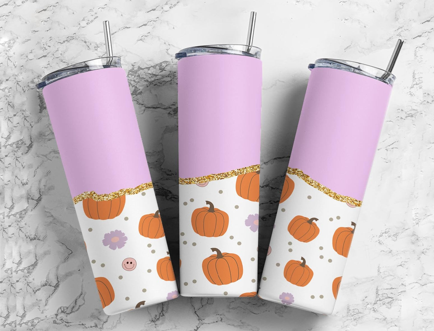 Retro Pumpkin Fall 20oz Sublimation Tumbler Designs, Smiley Face Aesthetic Floral 9.2 x 8.3” Straight Skinny Tumbler Wrap PNG, Pink