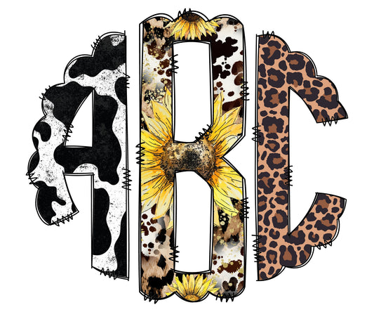 Sunflower Cow Leopard Monogram Letters, Country Sublimation PNG Elements Hand Drawn Doodle Alpha Bundle, Western Sublimation Font PNG Floral