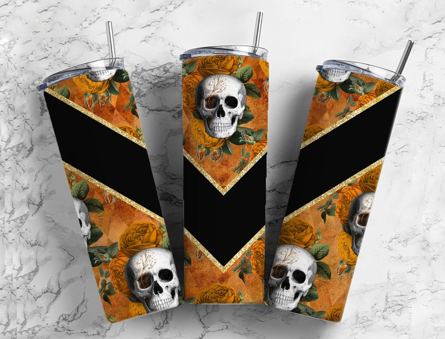 Skull and Rose 20oz Sublimation Tumbler Designs, Orange and Black Rose 9.2 x 8.3” Straight Skinny Tumbler Wrap, Gothic Tumbler Wrap