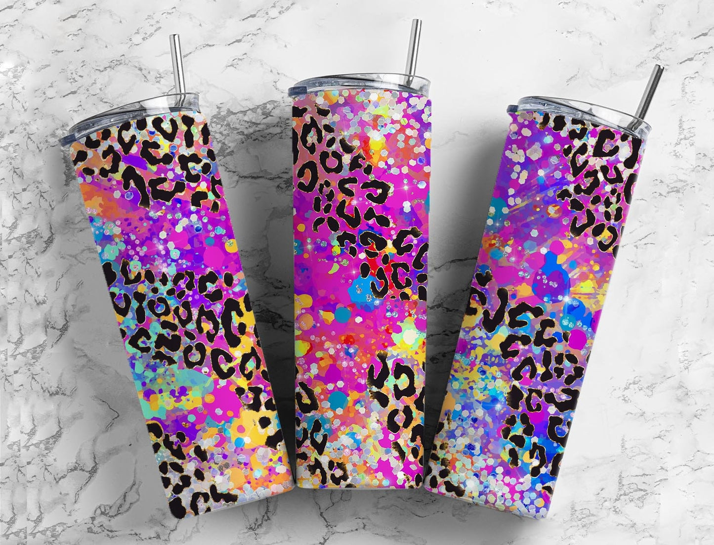 Leopard Print Glitter 20oz Sublimation Tumbler Designs, Bright Paint Pour 9.2 x 8.3” Straight Skinny Tumbler Wrap, Alcohol Ink PNG