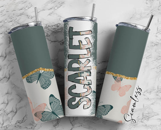 Aesthetic Butterfly Tumbler Wrap with Matching Doodle Letter Alphabet PNG, Green Pink Boho Add your Own name 20oz Tumbler, Alpha Set PNG 40