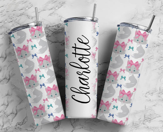 Pink bow cat 20oz Sublimation Tumbler Designs, White kitten 9.2 x 8.3” Straight Skinny Tumbler Wrap PNG