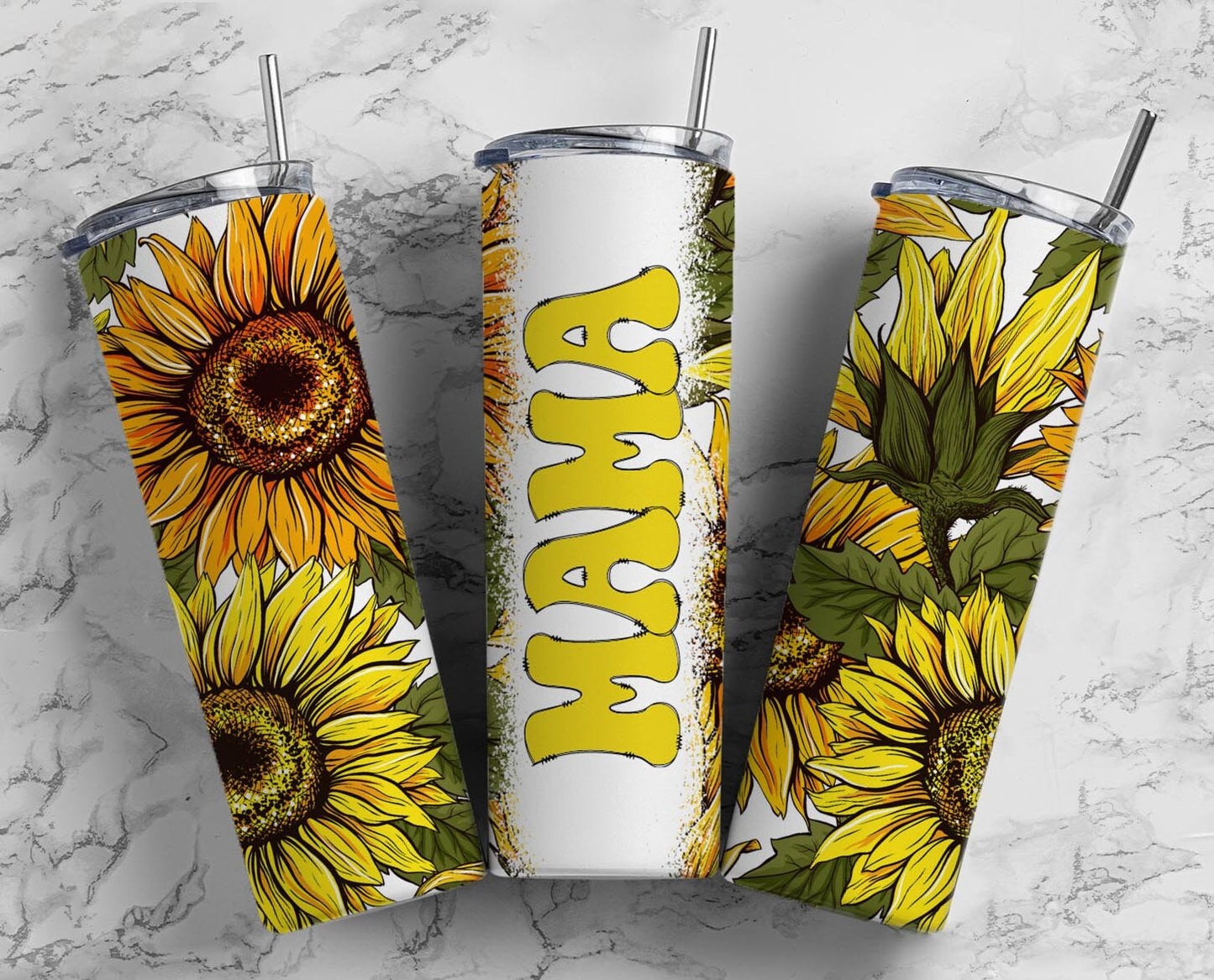 Yellow Sunflower 20oz Sublimation Tumbler Designs, Retro Mama 9.2 x 8.3” Straight Skinny Tumbler Wrap PNG, Mom Tumbler