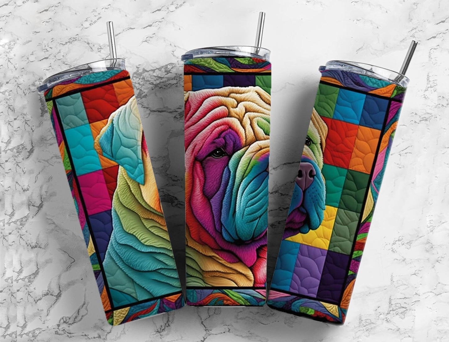 Shar-Pei 20oz Sublimation Tumbler Designs, Rainbow Patchwork Quilt 9.2 x 8.3” Straight Skinny Tumbler, Tumbler Wrap PNG