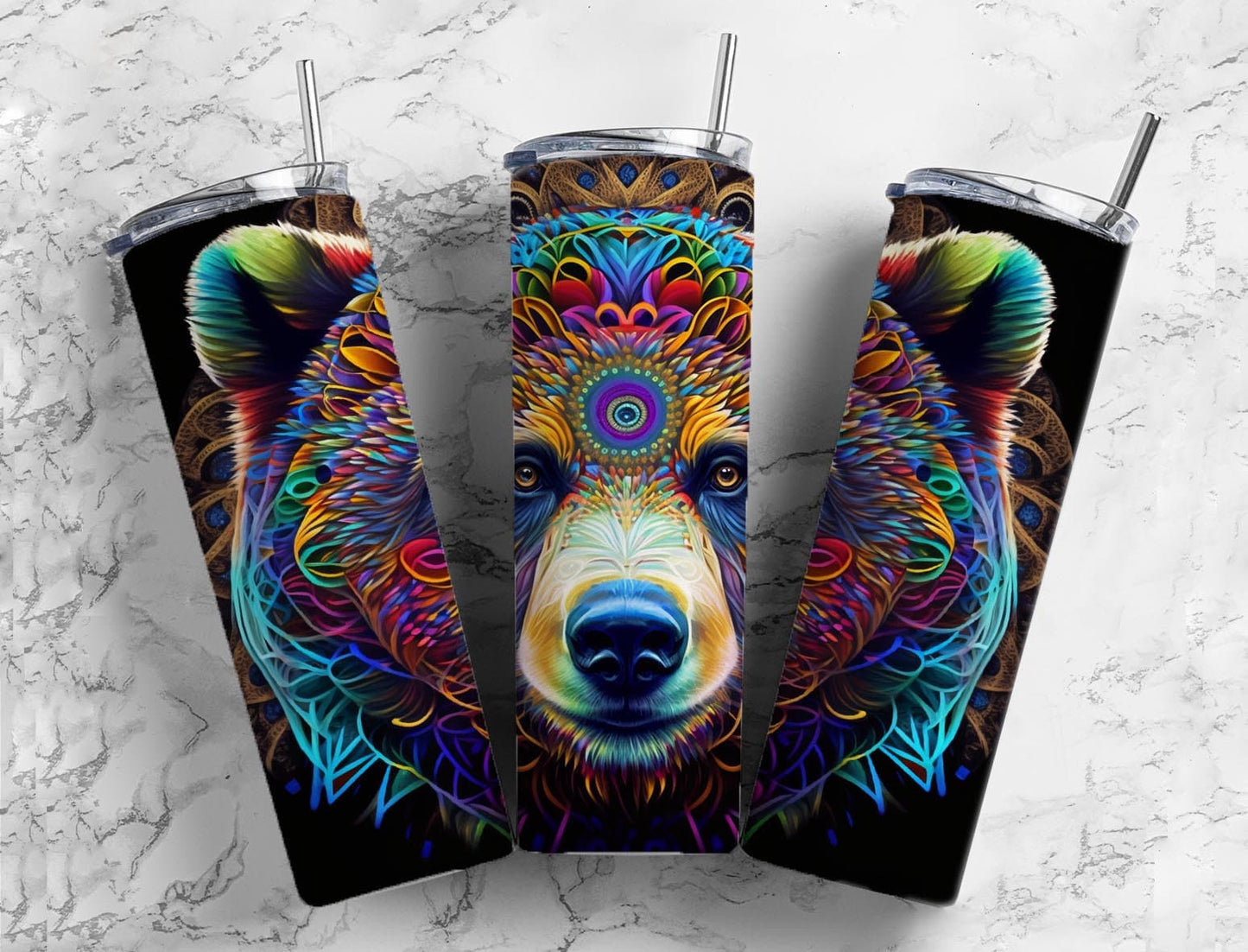 Rainbow bear 20oz Sublimation Tumbler Designs, Colorful patterned 9.2 x 8.3” Straight Skinny Tumbler Wrap PNG