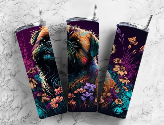 Brussels griffon dog 20oz Sublimation Tumbler Designs, Floral landscape 9.2 x 8.3” Straight Skinny Tumbler Wrap PNG