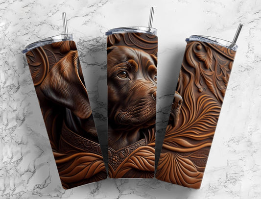 Tooled leather dog 20oz Sublimation Tumbler Designs, engraved leather 9.2 x 8.3” Straight Skinny Tumbler Wrap