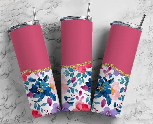 Pink Flower 20oz Sublimation Tumbler Designs, AestheticFloral 9.2 x 8.3” Straight Skinny Tumbler Wrap PNG, Gold Agate 137