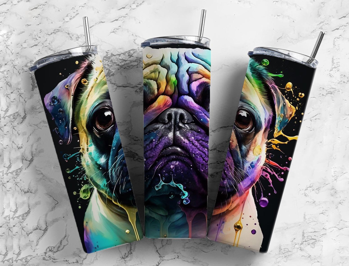 Pug Rainbow 20oz Sublimation Tumbler Designs, Gradient Colorful 9.2 x 8.3” Straight Skinny Tumbler, Tumbler Wrap PNG