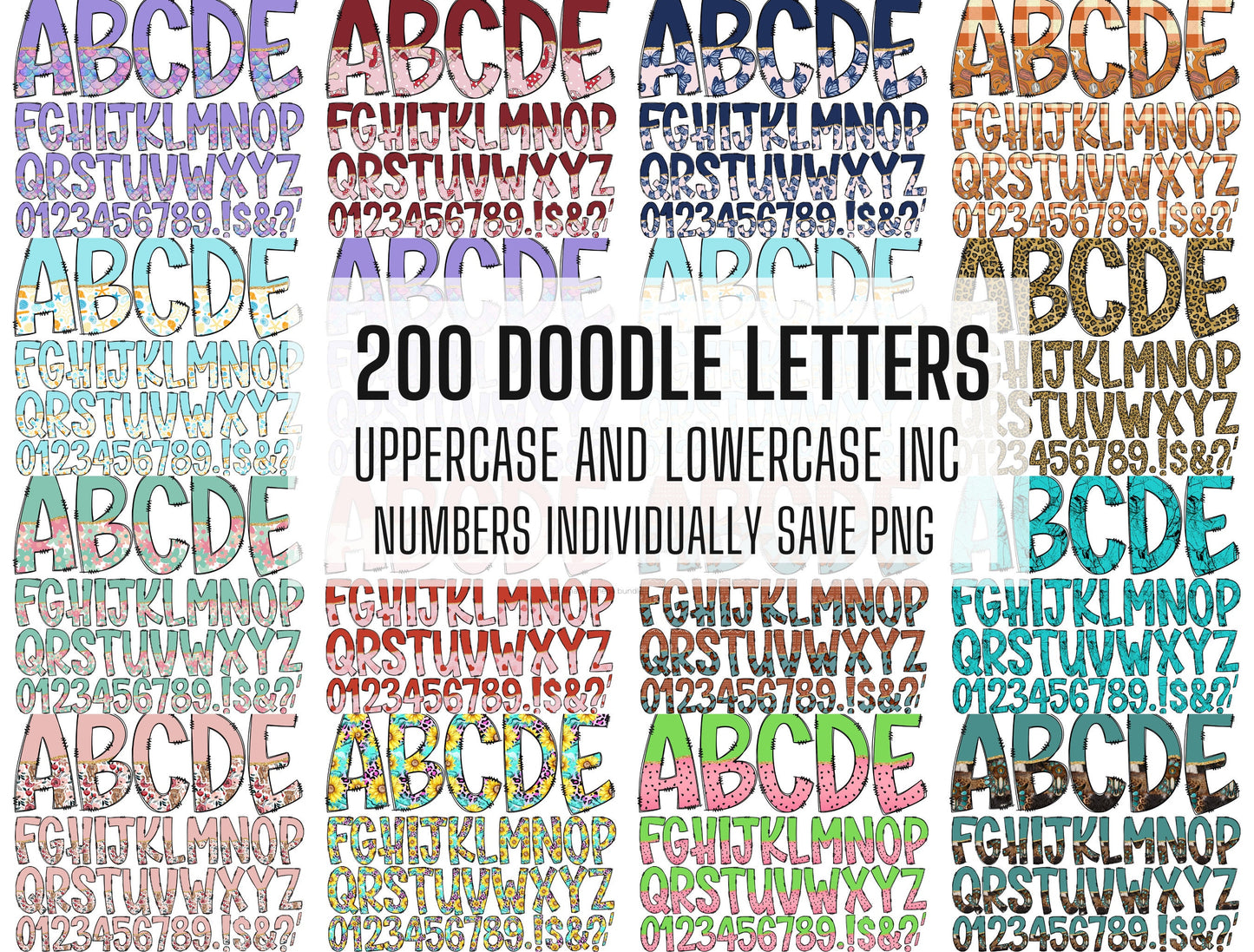 200 Doodle Letters, MEGA BUNDLE, Uppercase & Lowercase, Entire Doodle Alphabet, Numbers, Individually Saved PNG, pack, Sublimation letters