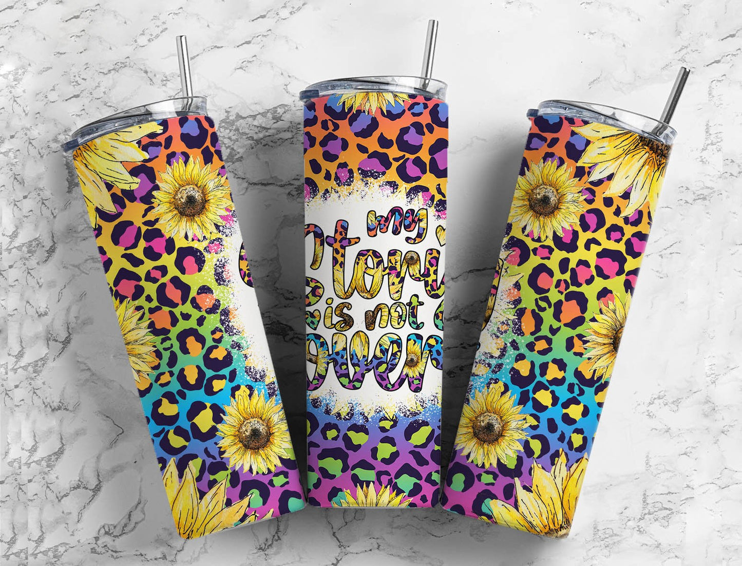 Sunflower Rainbow 20oz Sublimation Tumbler Designs, leopard Print My Story Is Not Over 9.2 x 8.3” Straight Skinny Tumbler PNG