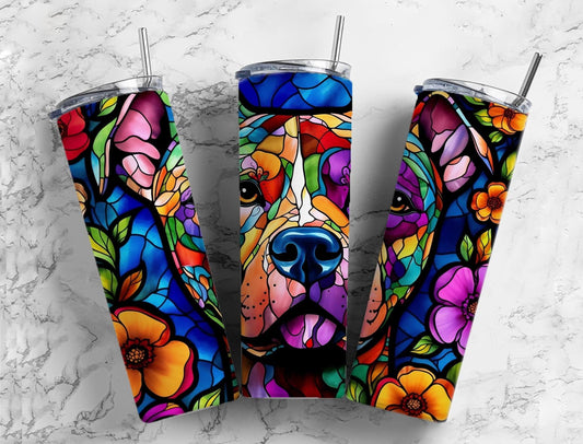 Staffordshire terrier floral 20oz Sublimation Tumbler Designs, Stained glass 9.2 x 8.3” Straight Skinny Tumbler Wrap PNG