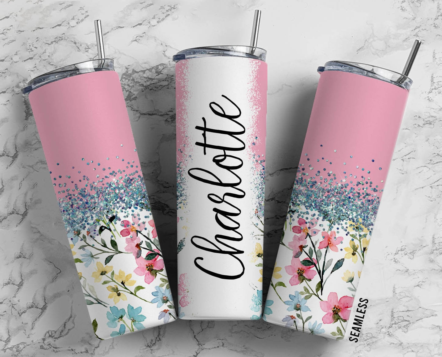 Pink Flower 20oz Sublimation Tumbler Designs, Retro Aesthetic Glitter Split , 9.2 x 8.3” Straight Skinny Tumbler Wrap PNG 137