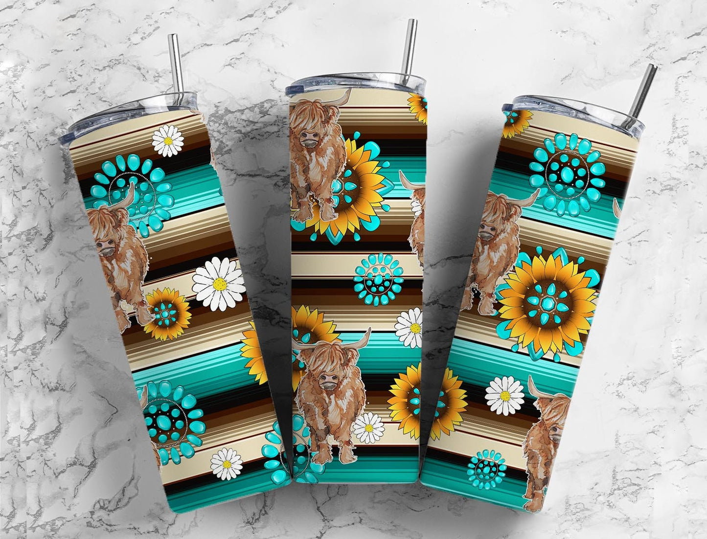 Turquoise Gem Highland Cow 20oz Sublimation Tumbler Designs, Sunflower Serape 9.2 x 8.3” Straight Skinny Tumbler Wrap PNG