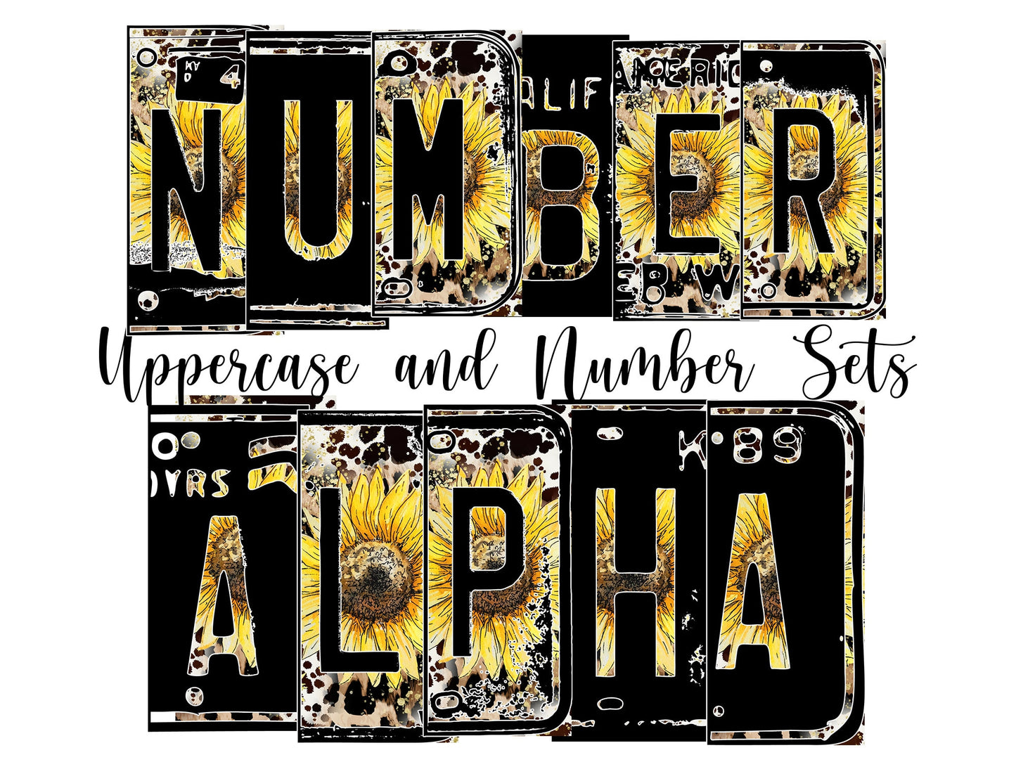 Sunflower Leopard Number Plate Alphabet Uppercase Numbers PNG, Western Country Alphabet PNG Digital Download