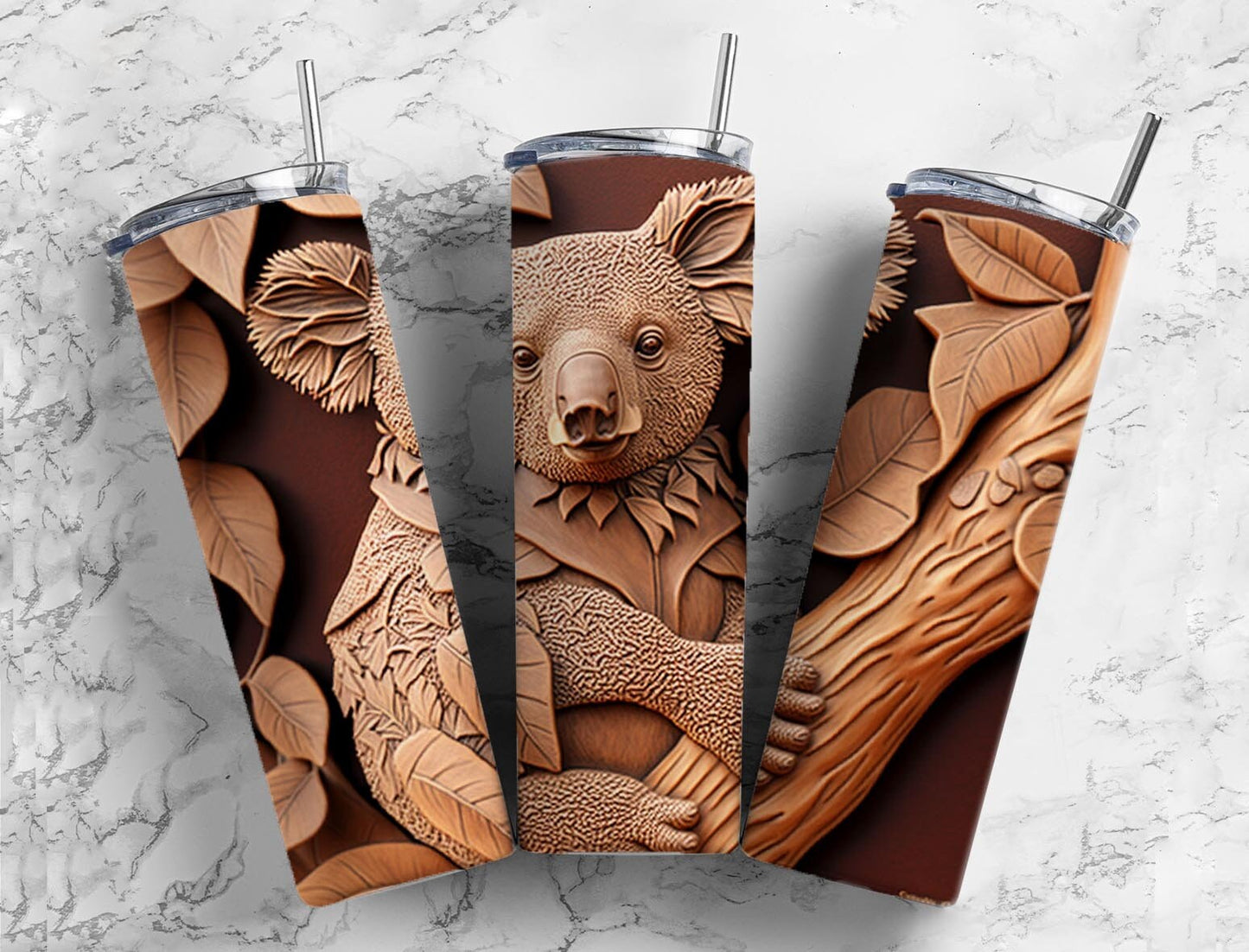 tooled leather koala 20oz Sublimation Tumbler Designs, Leather engraved 9.2 x 8.3” Straight Skinny Tumbler Wrap PNG