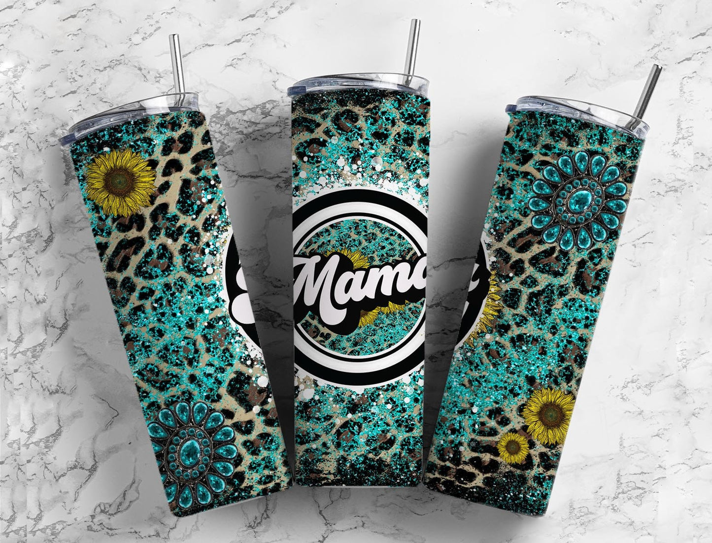 Mama Retro 20oz Sublimation Tumbler Designs, Sunflower Glitter 9.2 x 8.3” Straight Skinny Tumbler Wrap PNG, Sublimation Design PNG