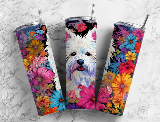 west highland terrier 20oz Sublimation Tumbler Designs, Rainbow floral 9.2 x 8.3” Straight Skinny Tumbler Wrap PNG