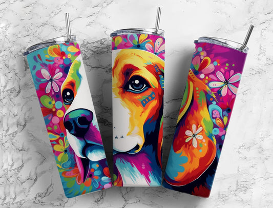 Beagle dog 20oz Sublimation Tumbler Designs, Colorful floral 9.2 x 8.3” Straight Skinny Tumbler Wrap PNG