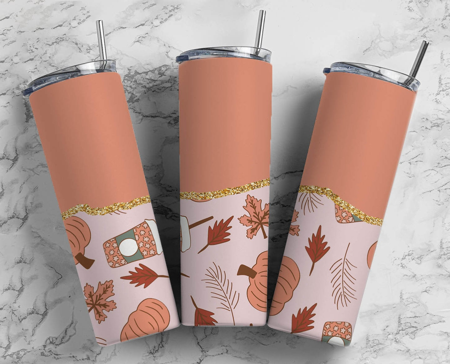 Pumkin Latte Fall 20oz Sublimation Tumbler Designs, Peach Pink Gold Agate Line 9.2 x 8.3” Straight Skinny Tumbler Wrap PNG 58