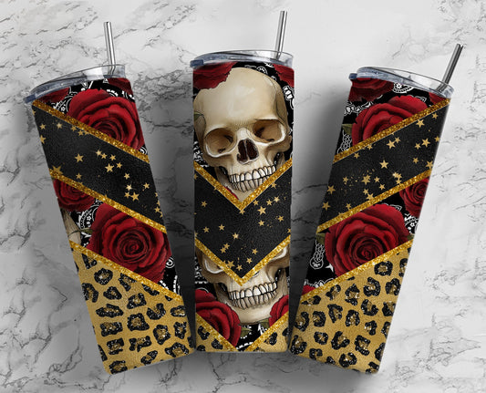 Skull Roses 20oz Sublimation Tumbler Designs, Leopard Glitter V split 9.2 x 8.3” Straight Skinny Tumbler Wrap PNG 59