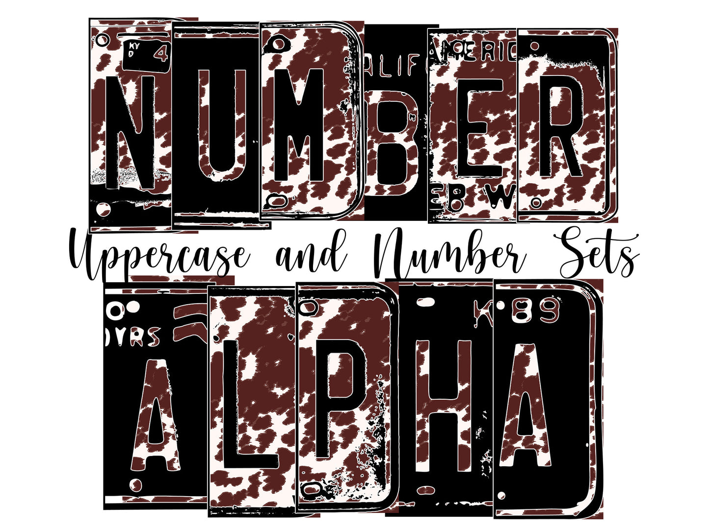 Brown Cow Number Plate Alphabet Uppercase Numbers PNG, Country Alphabet PNG Digital Download