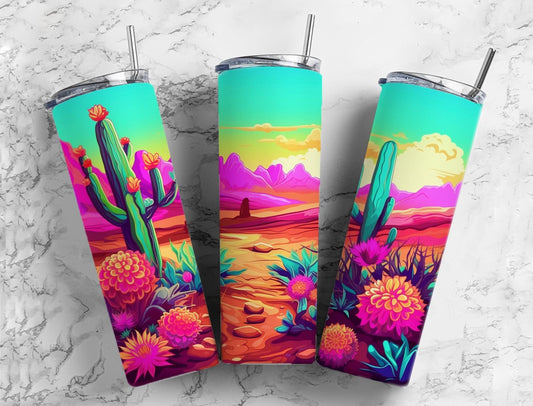 Rainbow cactus 20oz Sublimation Tumbler Designs, Colorful landscape 9.2 x 8.3” Straight Skinny Tumbler Wrap PNG