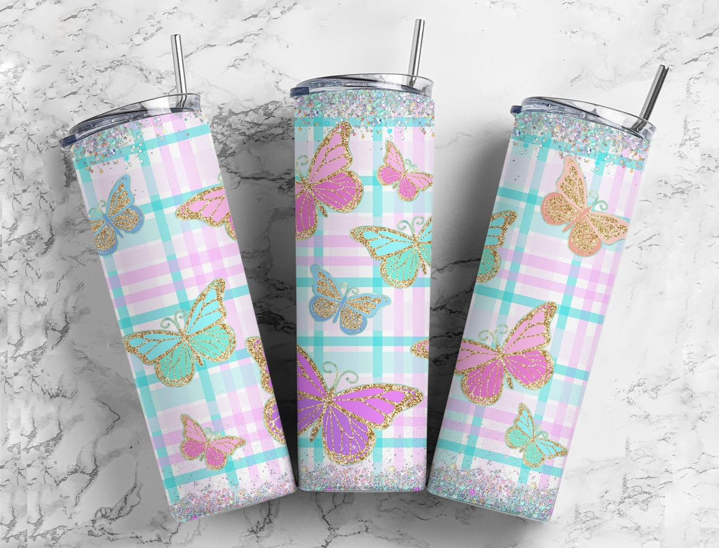 Butterfly Plaid 20oz Sublimation Tumbler Designs, Glitter Rainbow 9.2 x 8.3” Straight Skinny Tumbler Wrap PNG