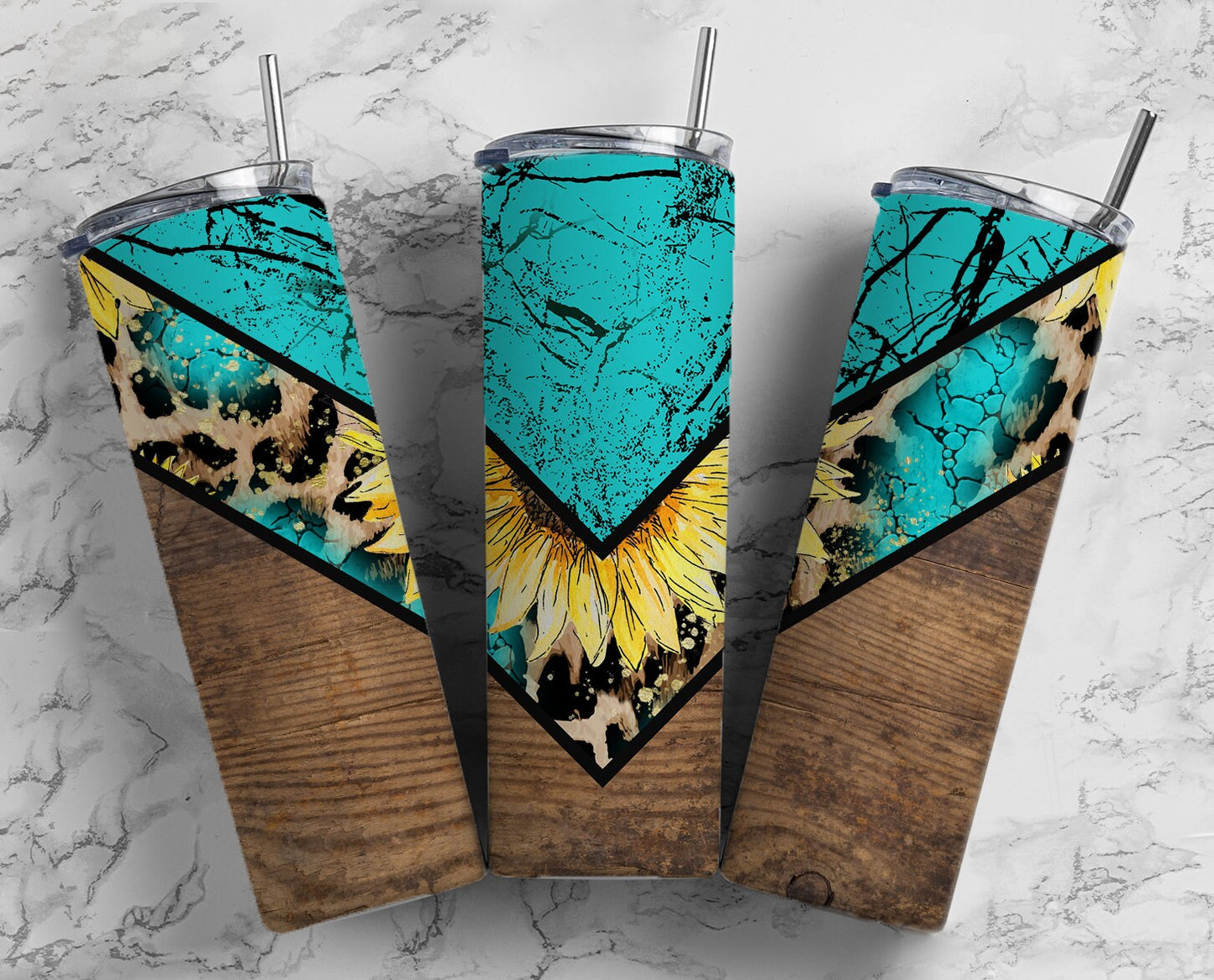 Teal Country Sunflower 20oz Sublimation Tumbler Designs,Woodgrain V Split 9.2 x 8.3” Straight Skinny Tumbler Wrap PNG 3