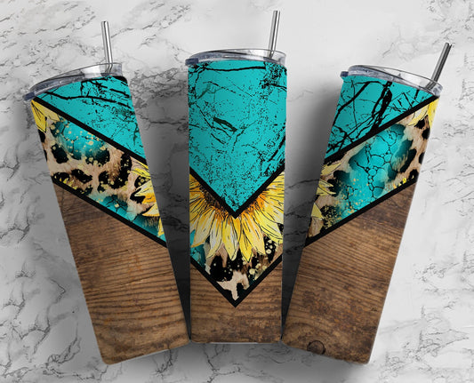 Teal Country Sunflower 20oz Sublimation Tumbler Designs,Woodgrain V Split 9.2 x 8.3” Straight Skinny Tumbler Wrap PNG 3