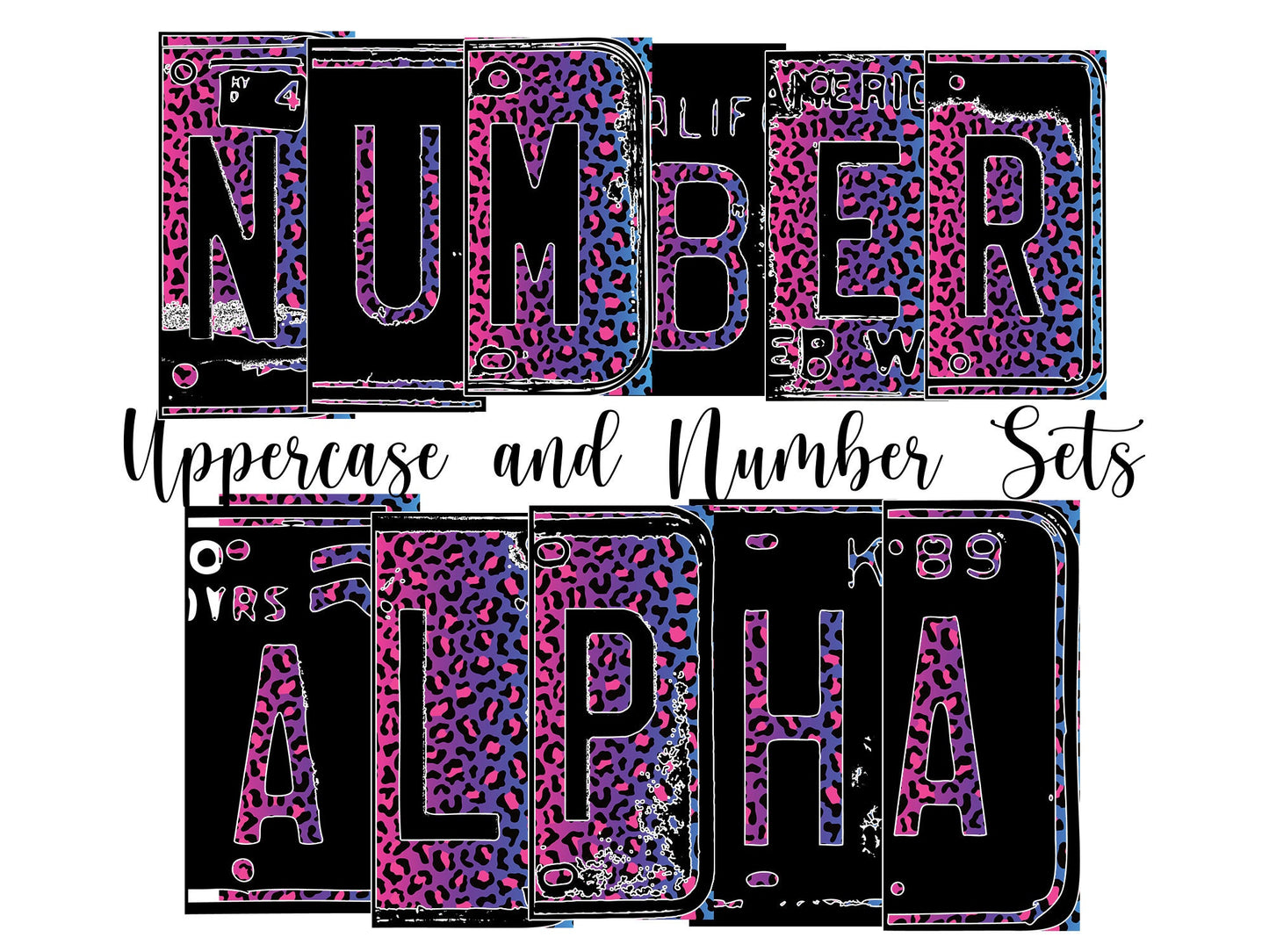 Pink Leopard Print Number Plate Alphabet Uppercase Numbers PNG, Purple Neon Alphabet PNG Digital Download