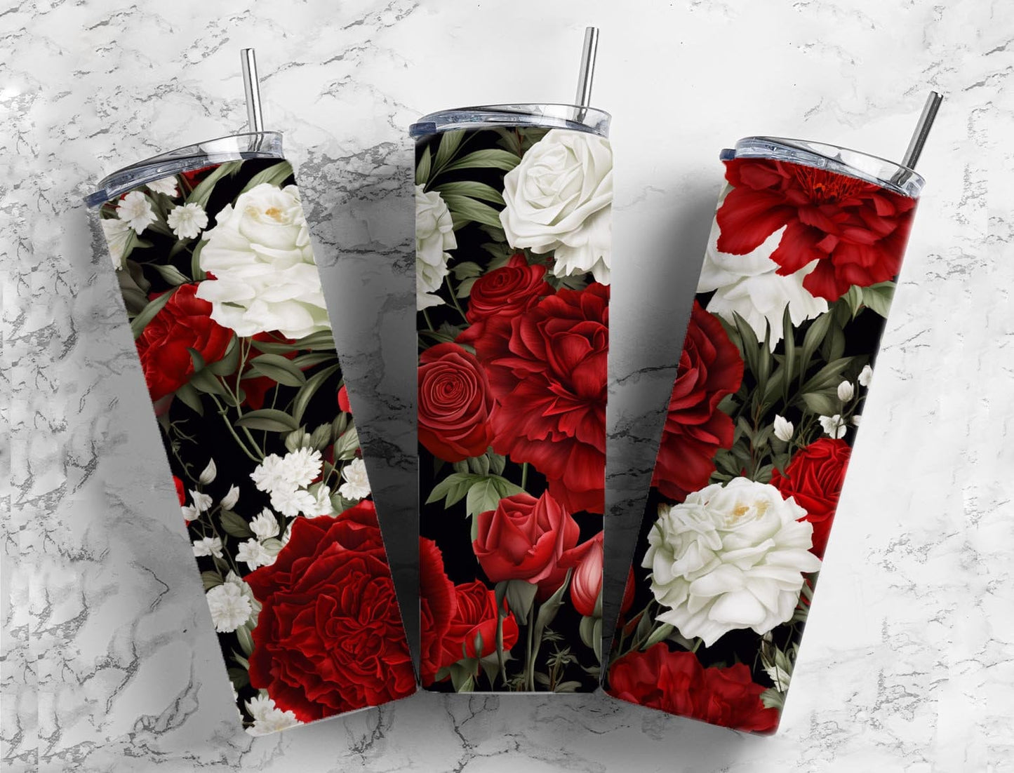 White and red roses 20oz Sublimation Tumbler Designs, Rose floral 9.2 x 8.3” Straight Skinny Tumbler Wrap PNG