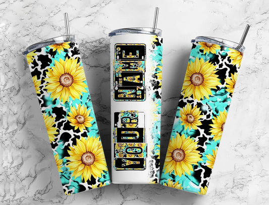 Turquoise sunflower Number Plate 20 oz Tumbler with Matching Alphabet PNG, Cow print Alphabet PNG Digital Download