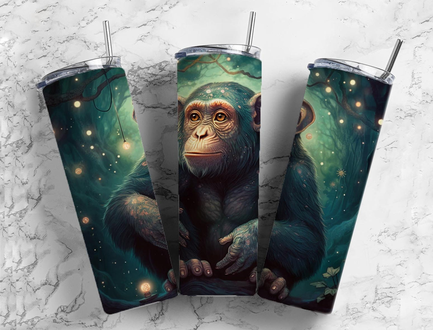 Chimpanzee monkey 20oz Sublimation Tumbler Designs, Dark forest 9.2 x 8.3” Straight Skinny Tumbler Wrap PNG