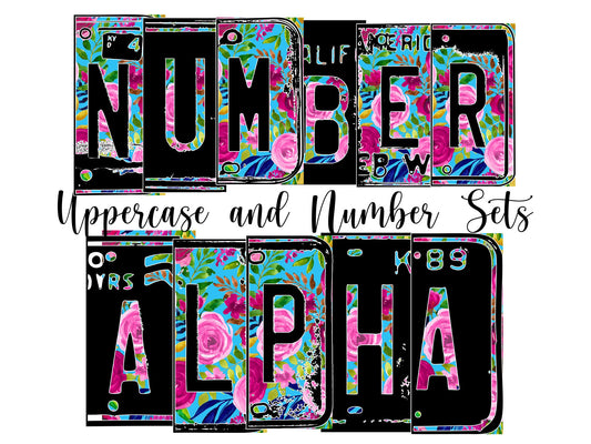 Baby Blue Flower Number Plate Alphabet Uppercase Numbers PNG, Magenta Pink Floral Alphabet PNG Digital Download